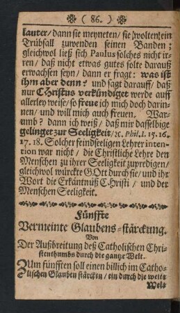 Fünffte Vermeinte Glaubens-stärckung. Von der Außbreitung deß Catholischen Christenthumbs durch die gantze Welt.
