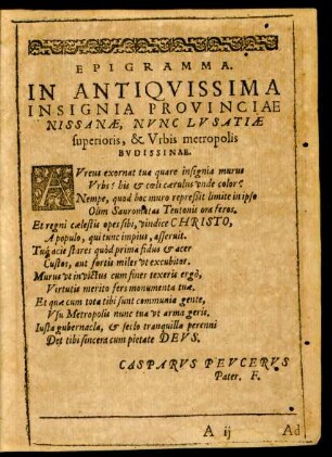 Epigramma. In Antiquissima Insignia Provinciae Nissanae, Nunc Lusatiae superioris, & Urbis metropolis Budissinae.