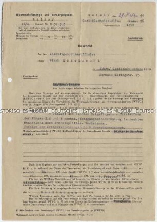 Bescheid des Wehrmachtfürsorge- und Versorgungsamtes für einen kriegsverwundeten ehemaligen Unteroffizier über Versehrtengeld