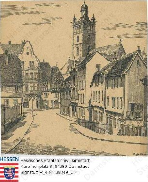 Darmstadt, Pädagogstraße / Blick durch die Pädagogstraße auf die Stadtkirche