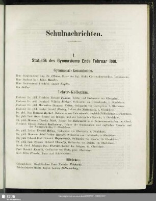 I. Statistik des Gymnasiums Ende Februar 1881