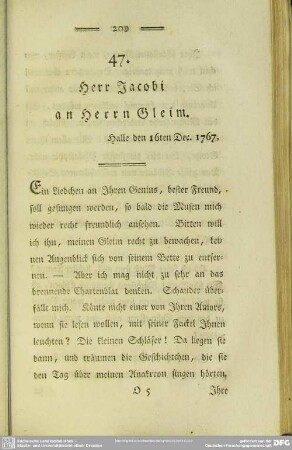 47. Herr Jacobi an Herrn Gleim. Halle den 16ten Dec. 1767