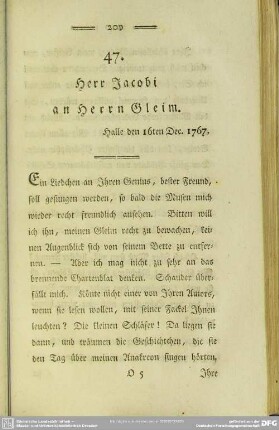47. Herr Jacobi an Herrn Gleim. Halle den 16ten Dec. 1767