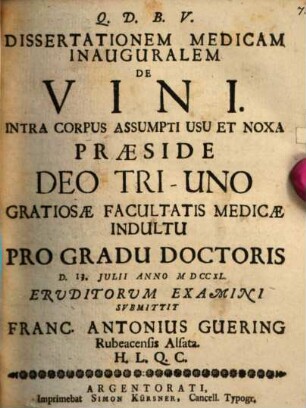 Diss. med. inaug. de vini intra corpus assumpti usu et noxa