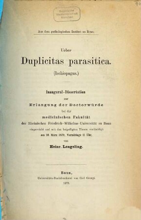 Über Duplicitas parasitica (Ischiopagus) : Inaugural-Dissertation