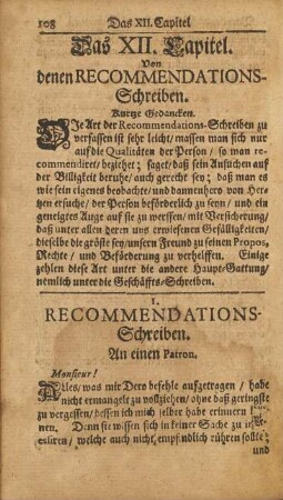 Das XII. Capitel. Von dene Recommendations-Schreiben.