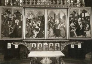 Marienaltar: Verkündigung, Geburt Christi, Anbetung, heilige Sippe (1. Wandlung des Marienaltars); Christus am Ölberg, Dornenkrönung, Kreuzigung, Kreuztragung (2. Wandlung des Altars)