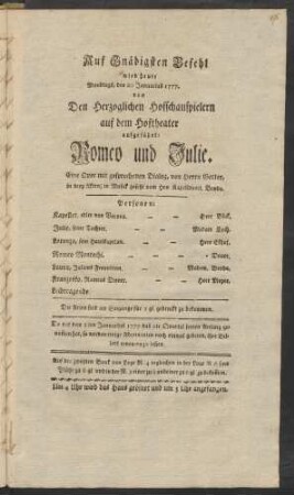 [Theaterzettel] : Mondtags, den 20 Januarius 1777