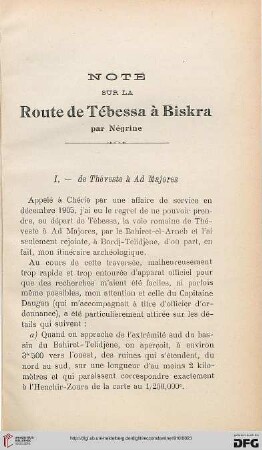 Sér. 5: Note sur la route de Tébessa à Biskra par Négrine