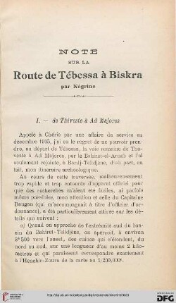 Sér. 5: Note sur la route de Tébessa à Biskra par Négrine