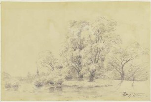 Landschaft mit Bäumen am Wasser, in der Ferne der Turm einer Dorfkirche