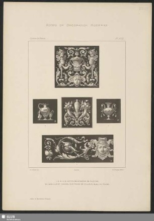 Motifs de caissons d plafond, en grisaille et camaieu sur fonds de couleur, bleu ou rouge