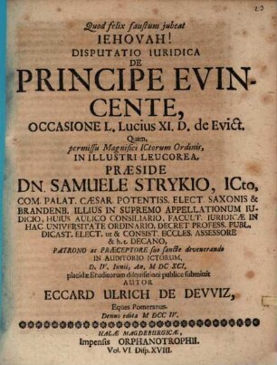 Disputatio Iuridica De Principe Evincente : Occasione L. Lucius XI. D. de Evict.