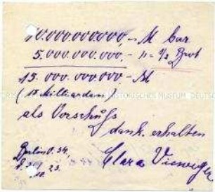 Sammlung von formlosen handschriftlichen Quittungen über den Erhalt eines Vorschusses aus der Inflationszeit