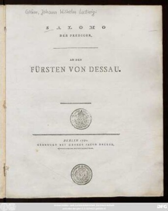 Salomo Der Prediger : An Den Fürsten Von Dessau