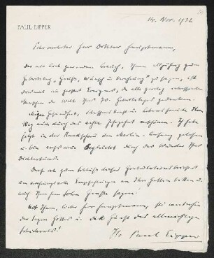 Brief von Paul Eipper an Gerhart Hauptmann