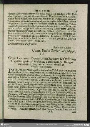 III. Literae Statuum & Ordinum Regni Hungariae ad praememoratos Exulantes. 18. Iunii 1681