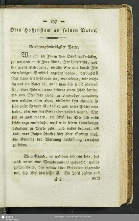 Otto Hohenstam an seinen Vater