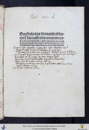 [Druck] Opuscula divi Bernardi abbatis Clarevallensis.