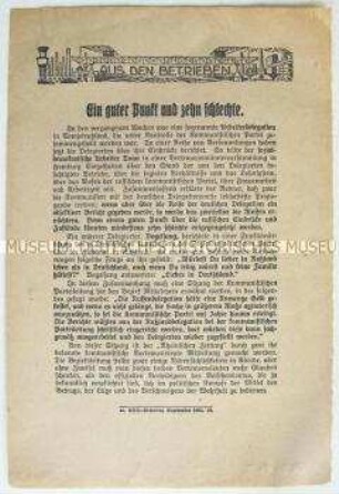 Propagandaflugblatt der SPD über die Reise einer deutschen Arbeiterdelegation in diue Sowjetunion
