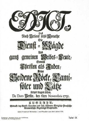 Kleideredikt, Friedrich Wilhelms I. von Preußen aus dem Jahre 1731 : Faksimile. Dresden: SLUB NK 4920 K 51-4