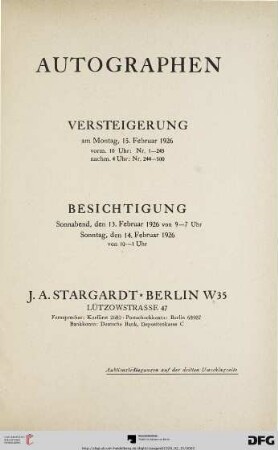 Autographen : Versteigerung am 15. Februar 1926 (Katalog Nr. 255)