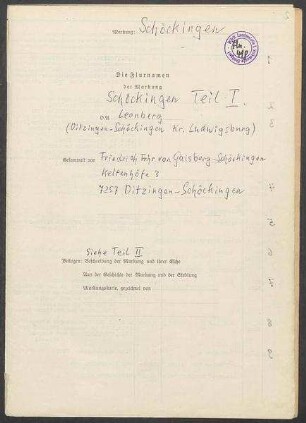 Fragebogen (in 2 Teilen) und 4 Karten Schöckingen, OA Leonberg (Kreis Ludwigsburg)
