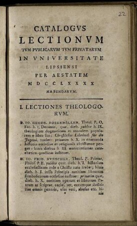 1790: Catalogus Lectionum Et Publicarum Et Privatorum In Universitate Lipsiensi ... Habendarum