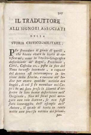 Il Traduttore Alli Signori Associati Della Storia Critico-Militare.