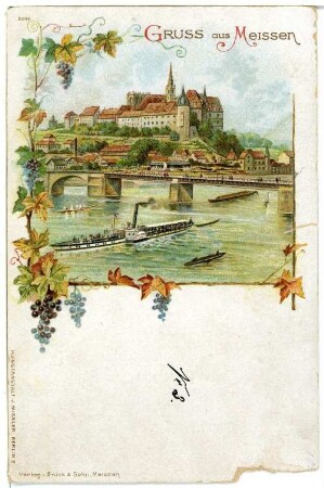 Meißen. Albrechtsburg, Elbe mit Brücke und Dampfer "Meißen"