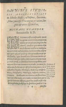 Omnibus Studiosis Adolescentibus in Scholis Silesie, Misniae, Saxoniae, ... Michael Neander ...