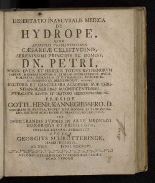 Dissertatio Inavgvralis Medica De Hydrope