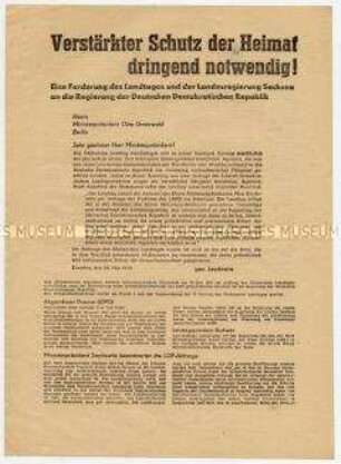 Flugschrift mit der Forderung des Landesregierung Sachsens an die DDR-Regierung nach energischen Maßnahmen gegen die Tätigkeit westlicher Agenten und Saboteure