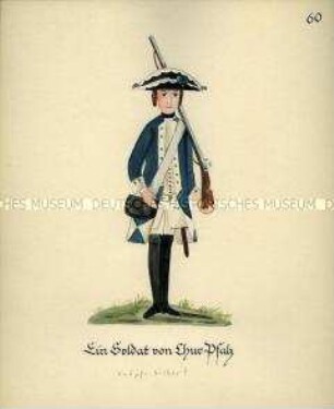 Uniformdarstellung, Infanterist, Kurpfalz, 1760/1761. Kopie der Originaltafel 60 aus Becher: Wahrhaftige Nachrichten.