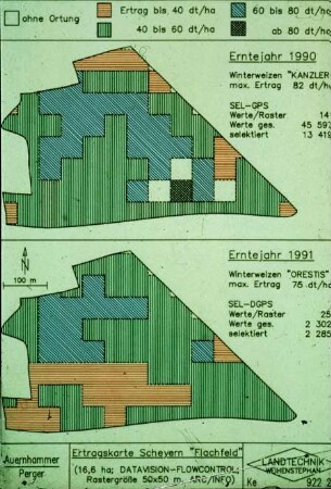 Ertragskarte Scheyern "Flachfeld" (16,6 ha; DATAVISION-FLOWCONTROL; Rastergröße 50*50 m; ARC/INFO)