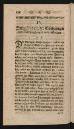 IV. Sammlung einiger Erfahrungen und Muthmassungen vom Erdbeben