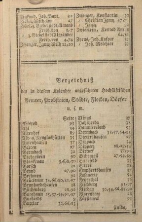 Verzeichniß der in diesem Kalender angeführten Hochstiftischen Aemter, Probsteien, Städte, Flecken, Dörfer u. s. w.