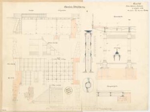 Chaussee-Überführung Monatskonkurrenz August 1872: Grundriss in 2 Ebenen, Aufriss Seitenansicht, mehrere Längsschnitte, Querschnitt, Details; 2 Maßstabsleisten