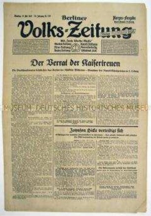 Berliner Volks-Zeitung u.a. zum Konflikt zwischen Großbritannien und der UdSSR und zur Annahme des "Republikschutzgesetzes" im Reichstag