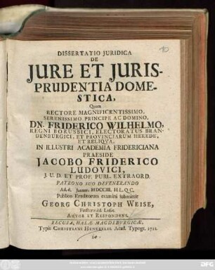 Dissertatio Juridica De Jure Et Jurisprudentia Domestica