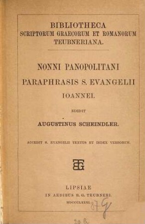 Nonni Panopolitani paraphrasis S. Evangelii Ioannei : accedit S. Evangelii textus et index verborum
