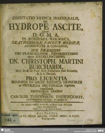 Disputatio Medica Inauguralis De Hydrope Ascite : In Auditorio Majori ad diem XIX. Novemb. Anni M DCC XXXIII ...