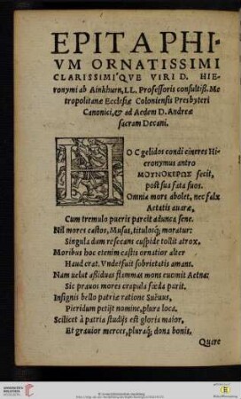 Epitaphivm ornatissimi clarissimi'qve viri D. Hieronymi ab Ainkhurn