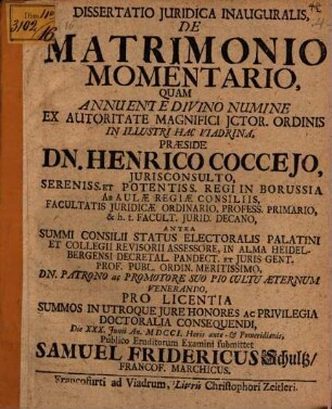 Dissertatio Juridica Inauguralis, De Matrimonio Momentario
