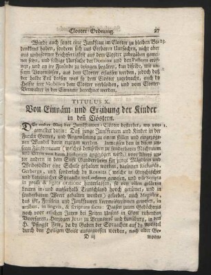 Titulus X. Von Einnäm- und Erzihung der Kinder in den Clöstern.