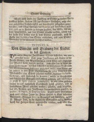 Titulus X. Von Einnäm- und Erzihung der Kinder in den Clöstern.