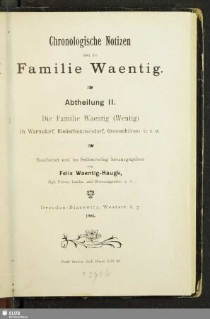 2: Die Familie Waentig (Wentig) in Warnsdorf, Niederhennersdorf, Grossschönau u.s.w