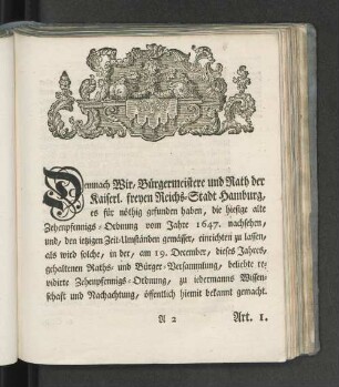 [Revidirte Zehenpfennigs-Ordnung der Kaiserl. freyen Reichs-Stadt Hamburg.]