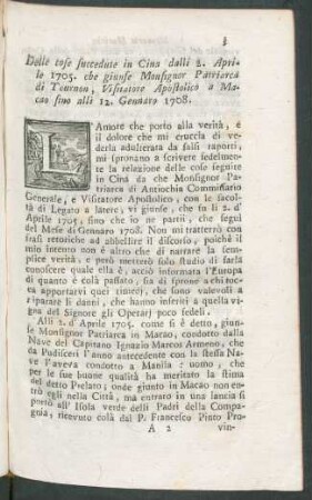 Delle cose succedute in Cina dalli 2. Aprile 1705. che giunse Monsignor Patriarca di Tournon, Visitatore Apostolico a Macao sino alli 12. Gennaro 1708.