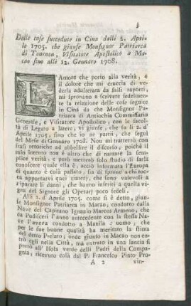 Delle cose succedute in Cina dalli 2. Aprile 1705. che giunse Monsignor Patriarca di Tournon, Visitatore Apostolico a Macao sino alli 12. Gennaro 1708.